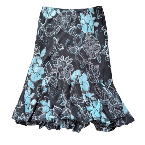 Y2K East 5th Fairycore Black Blue Floral Ruffle Midi Skirt 8 Dark Romantic - Picture 1 of 4